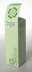 bedrukt doosje voor flesje massage olie in full color met logo