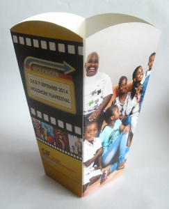 bedrukt popcorn bakje container beker in full color voor filmfestival