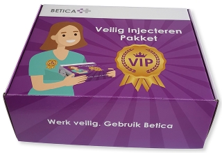 bedrukte doos van golfkarton voor veilig injecteren pakket fefco 0427 met vaste klep binnenzijde en buitenzijde bedrukt in full color 330x270x125 mm, Naast golfkarton verpakkingen bent u bij ons ook aan het juiste adres als u doosjes op maat wilt laten maken.