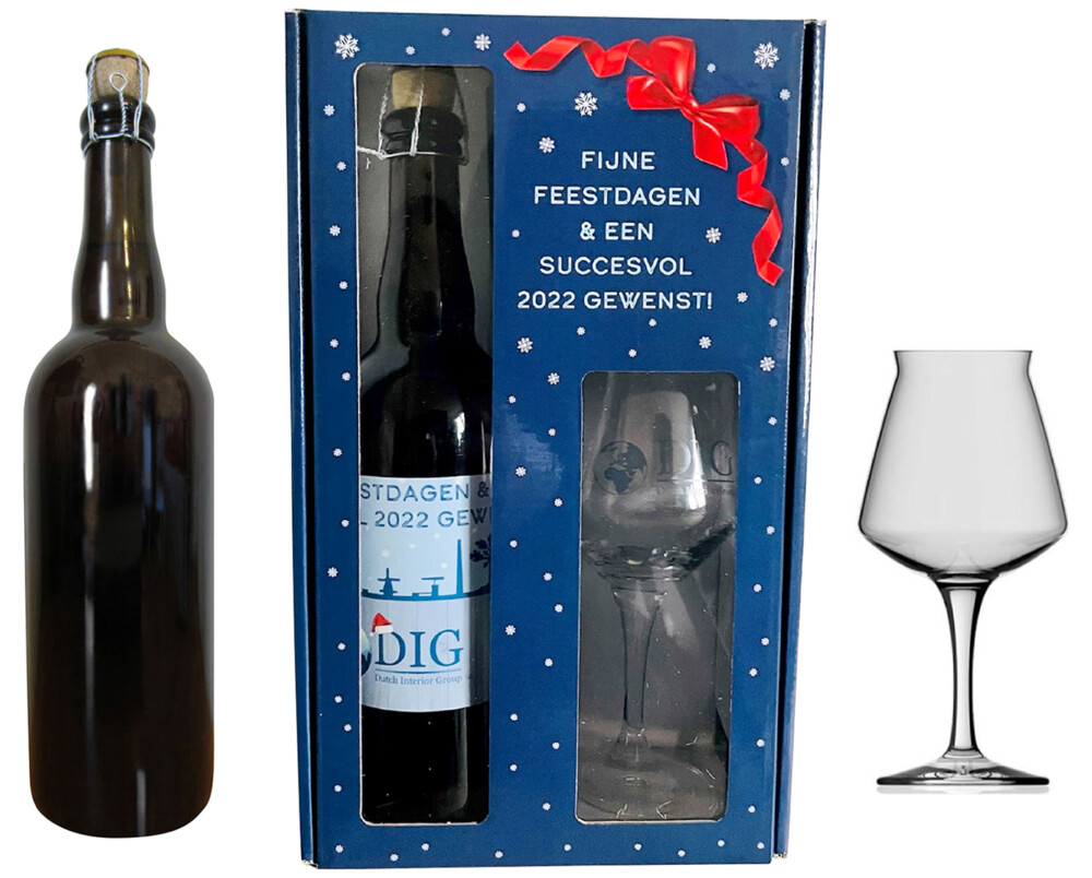 kerst geschenk nieuw jaar wens bedrukte doos voor fles en glas met venster van golfkarton in full color met logo 750 ml bierfles op maat gemaakt
