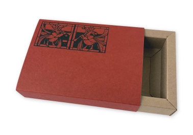 bedrukt Schuifdoosje ladedoosje slide box gemaakt van bruik kraft karton met sleeve met opdruk in rood met dikke rand
