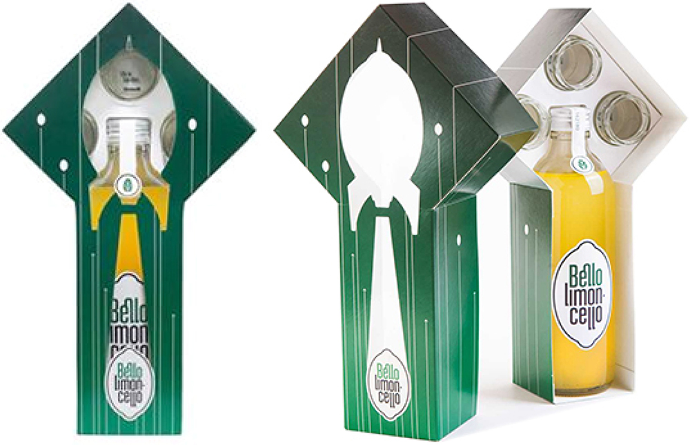 bedrukte doos met los deksel en venster in speciale vorm voor glazen fles limoncello met logo, Raketdoos met los deksel, doos voor drank