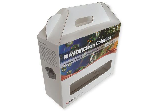 stevige doos met handvat en venster, voor 5 flessen flacons van golfkarton bedrukt in full color. Fefco 0217 met logo.
