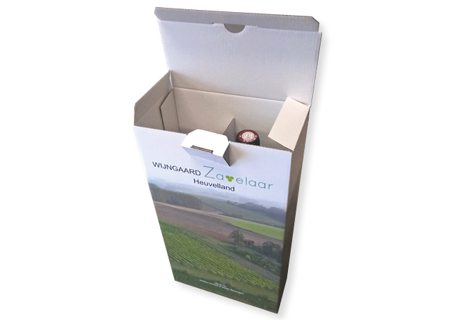 Bedrukte verzenddozen van golfkarton voor 2 wijnflessen in full color