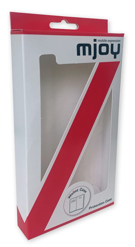 Een professioneel bedrukt hangend doosje met venster voor een Mjoy Wallet Case, ontworpen als opvallende productverpakking voor telefoonaccessoires. Het witte doosje is voorzien van een rode, schuine baan en het zwarte Mjoy-logo. Aan de bovenzijde bevindt zich een stevige rode flap met een euroloch sleuf (eurosleuf) om de verpakking geordend aan een ophanghaak in een winkelrek te presenteren. Het uniek vormgegeven venster is zonder folie geproduceerd, waardoor de klant het product direct kan zien en voelen. Dit maatwerk hangdoosje van 100 x 22,5 x 170 mm is speciaal ontwikkeld om het beslissingsproces van de klant te ondersteunen en het merkgevoel in de winkel te versterken.