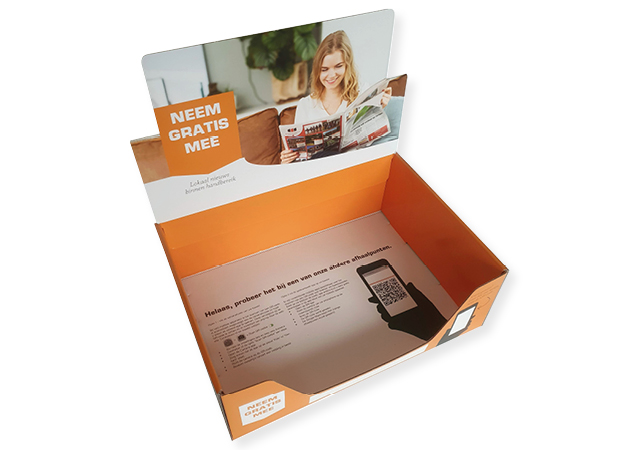 bedrukte displaydoos van golfkarton voor uitgifte a3 krant in full color bedrukt 421x306x150 mm.