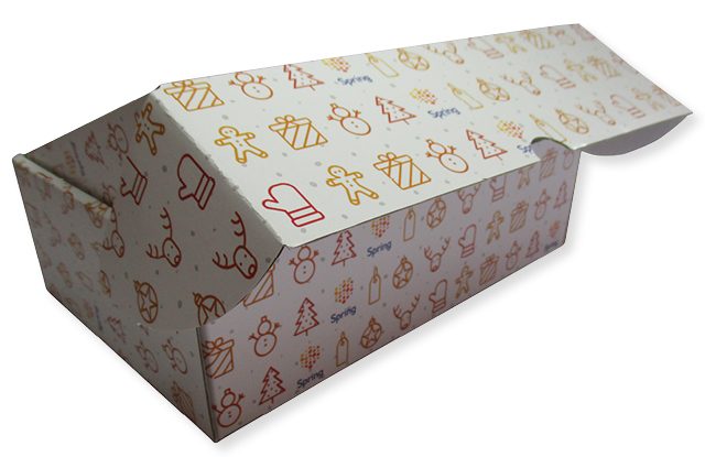 Golfkartonnen Kerstgeschenkdoos met Vaste Klep Een schuine close-up van een rechthoekige bedrukte doos van golfkarton die geschikt is als geschenkdoos of verzenddoos met een vaste klep (waarschijnlijk de Fefco 0427 code). De doos heeft een feestelijk kerst- en winterthema. Constructie en Vormgeving: De doos is gemaakt van wit golfkarton met de stevigheid die nodig is voor een cadeau of product. Het karton is waarschijnlijk e-golfkarton gezien de strakke vorm. De doos is deels geopend, waarbij de klep naar rechts is opgetild. De klep heeft een typische insteeksluiting met een lipje in het midden. De afmeting van 222x152x70 mm (vermeld in de bestandsnaam) maakt dit een geschikt formaat voor een welkomst box of kleinere productverpakking. Bedrukking en Design: De buitenkant van de doos is volledig bedrukt met een herhalend patroon van kleine, schattige kerst- en wintericonen op een witte achtergrond. De bedrukking is full color met oranje en rode tinten. Het patroon bevat onder andere: Een kerstboom Een kerstkrans Een rendier Een cadeautje Een sneeuwpop Een gebreide want of handschoen Een peperkoekmannetje De printkwaliteit is hoog, met strakke lijnen en kleuren, wat suggereert dat de bedrukking is aangebracht door cacheren of een hoogwaardige digitale druk. Het woord 