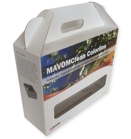 bedrukte doos van golfkarton met venster met handvat, doosje met handvat, kartonnen doos met handvat, verpakking met handvat, lunchbox met handvat, maaltijdbox met handvat, ontbijtbox met handvat, ontbijtdoos met handvat voor 4 spuitflessen op maat gemaakt in full color