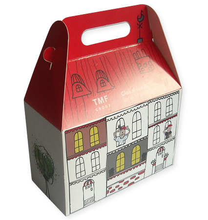 bedrukte doos met handvat, doosje met handvat, kartonnen doos met handvat, verpakking met handvat, lunchbox met handvat, maaltijdbox met handvat, ontbijtbox met handvat, ontbijtdoos met handvat in full color met tekening