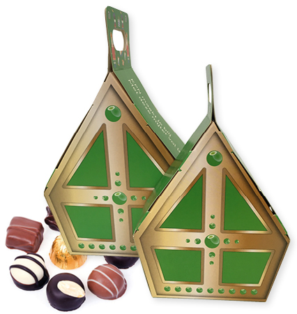 bedrukte doos met handvat, doosje met handvat, kartonnen doos met handvat, verpakking met handvat, lunchbox met handvat, maaltijdbox met handvat, ontbijtbox met handvat, ontbijtdoos met handvat, in full color speciale vorm mijter sinterklaas uitdelen snoep