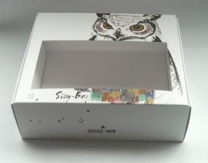 doos bedrukt in full color met venster met logo, vensterdoos met afbeelding uil