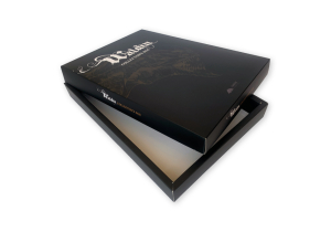 Bedrukte doos met los deksel a4 formaat met logo in zwart speldoos 38 mm hoog collectors box strip Waldin