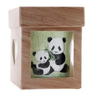 bedrukte doosje met 4 vensters houtkleurig in full color met logo voor glas met kaars met Panda afbeelding