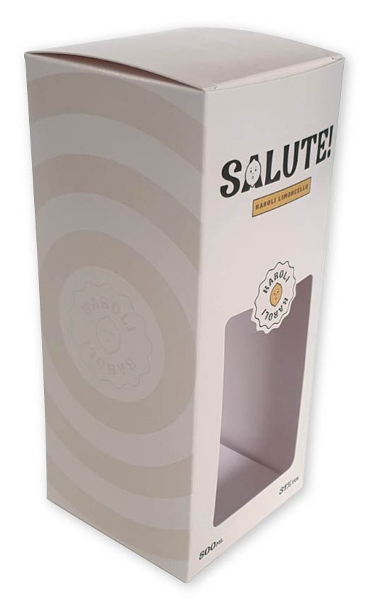 Een op maat gemaakt wit autolock doosje voor Karoli Limoncello met een venster aan de voorzijde waardoor de inhoud zichtbaar is. De doos heeft een extra stevige autolock bodem die speciaal is ontworpen voor het dragen van zwaardere glazen flessen. De verpakking is bedrukt met een subtiel patroon van beige concentrische cirkels aan de zijkant en de tekst