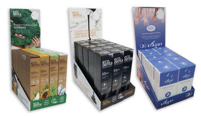 Bedrukte Toonbank display doos in full color voor cosmetica producten tandpasta zonder fluor