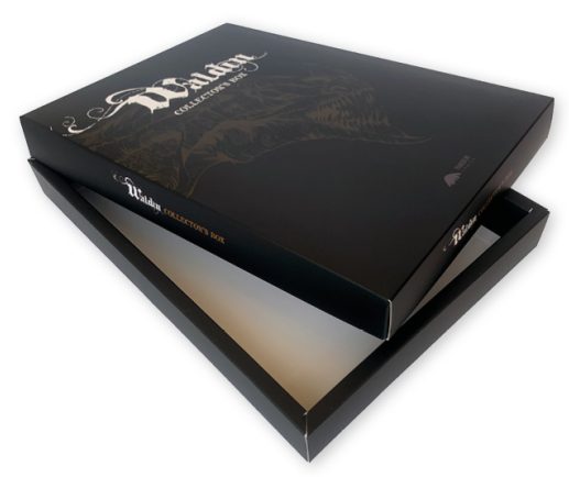 Bedrukte doos met los deksel a4 formaat met logo in zwart speldoos 38 mm hoog collectors box strip Waldin