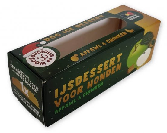 Bedrukt doosje met venster in full color met logo voor ijs diepvries koeling voor honden Woofilicious product verpakking