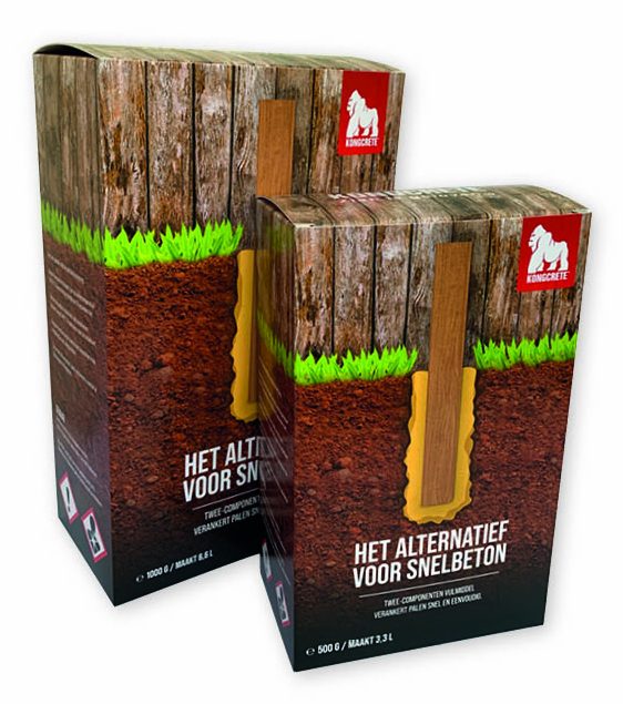Twee op maat gemaakte autolock doosjes voor Kongrete, uitgevoerd als productverpakking voor een twee-componenten vulmiddel als alternatief voor snelbeton. De doosjes zijn volledig bedrukt met een realistische afbeelding van een houten schuttingpaal die in de grond is verankerd, wat de toepassing van het product visualiseert. Het grootste doosje heeft een formaat van 150 x 83 x 242 mm. De verpakking is voorzien van het rode Kongrete-logo met een gorilla-icoon en duidelijke witte tekst met de productnaam