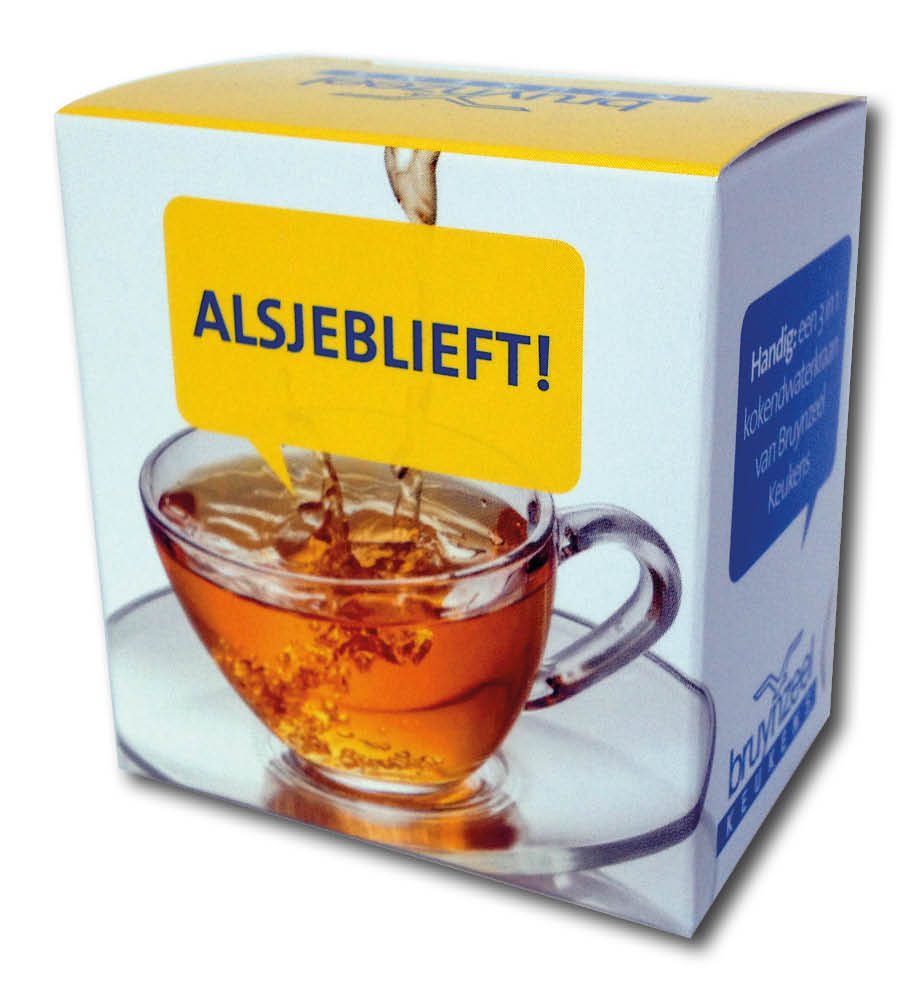doosje met autolock bodem voor 6 zakjes thee in full color bedrukt met logo Een compact, bedrukt autolock doosje op maat gemaakt voor Bruynzeel Keukens, bedoeld voor het verpakken van 6 theezakjes. De voorzijde toont een realistische afbeelding van een glas thee met een gele tekstwolk waarin