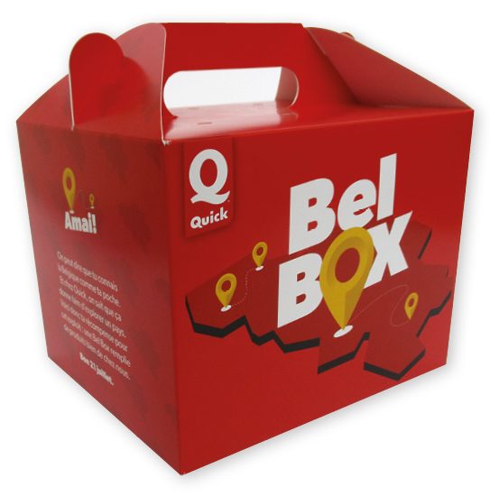 atuolock doosje, doos met autolockbodem en handvat happymeal bedrukt in full color Belbox België