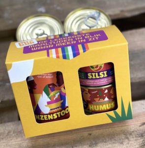 bedrukt doosje met 2 vensters zonder folie in full color voor blikken Mixblik met logo vensterdoos