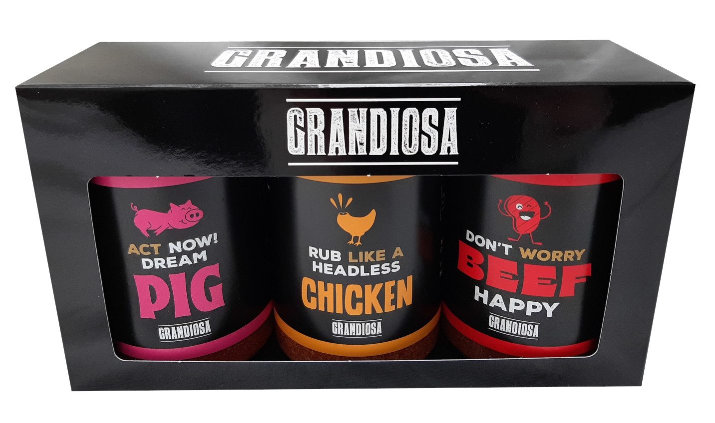 doos voor 3 potjes kruiden met venster in full color Grandiosa-geschenkverpakking met logo in zwart met wit