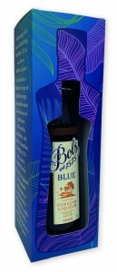 bedrukte doos voor 1 fles drank met logo in full color en speciaal venster voor cocktails blue curacao
