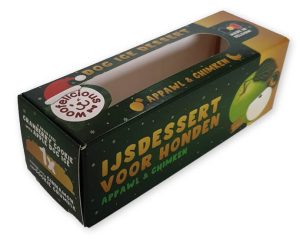 bedrukte doos voor diepvries product koeling ijsdessert in full color met venster met logo Woofelicious van karton