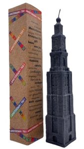 bedrukte doos voor 1 kaars in full color voor 750 jaar amsterdam Westertoren met logo - kaars antraciet