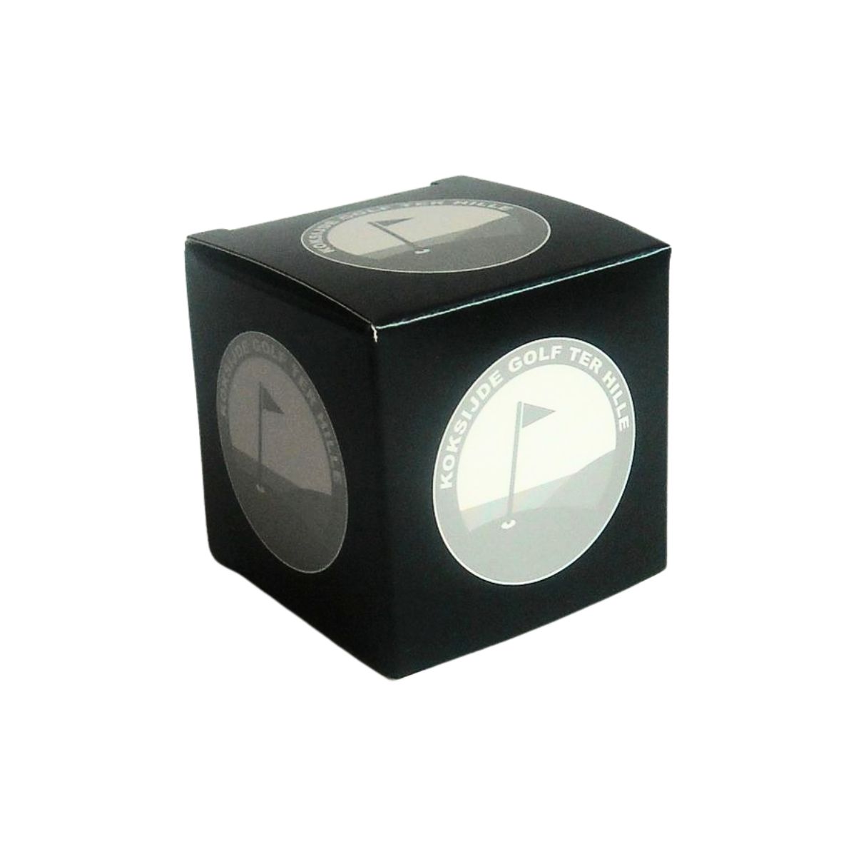 Bedrukt kubusdoosje 4 cm voor 1 golfbal in full color met logo in zwart en zilver