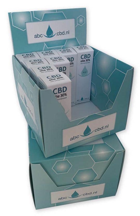 bedrukte displaydoos in full color met logo met decollete toonbankdisplay omdoos doosjes met flesjes cbd olie 30 ml