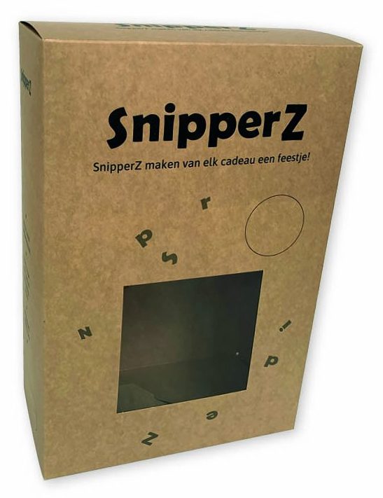 bedrukte doos van kraft karton met venster voor Snipperz met autolock bodem opdruk in zwart met logo