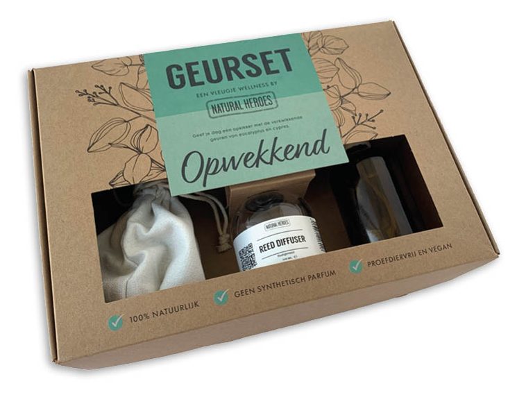 bedrtukte giftset cadeaudoos van door en door bruin kraft karton met venster en interieur voor geurset