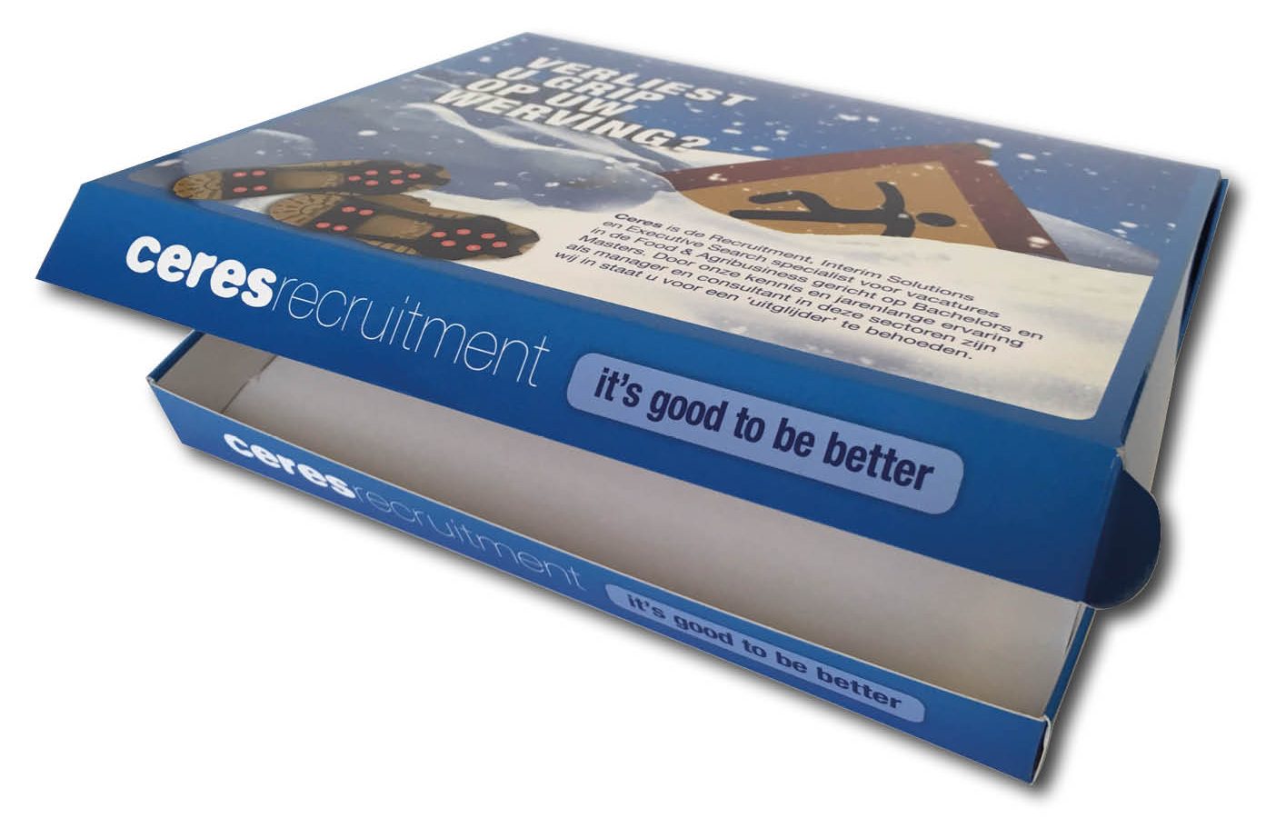 bedrukte klepdoos in full coor ruim a5 formaat met logo Recruitment mailing
