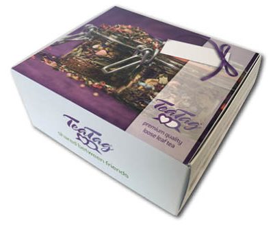 Bedrukte klepdoos in full color met logo omdoos doos met vaste klep voor 4 doosjes met wekpotjes Teatag