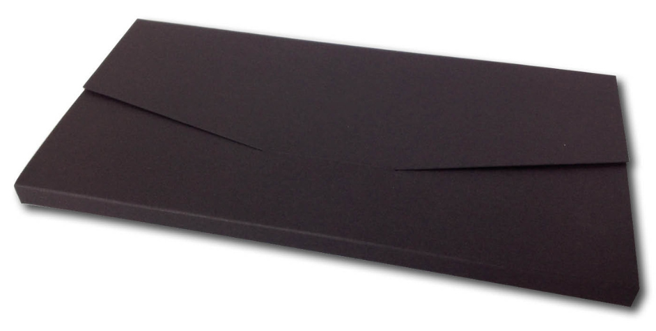 Luxe mat zwart envelopdoosje van $225 \times 114 \times 10$ mm, vervaardigd uit hoogwaardig door en door zwart karton voor een exclusieve uitstraling. Dit stevige brievenbusdoosje met elegante insteekklep is gefotografeerd in gesloten positie en is bij uitstek geschikt als luxe verzendverpakking voor zakelijke mailings of cadeaukaarten, op maat geproduceerd door Drukkerij Van der Louw voor bedrukte-doosjes.nl.