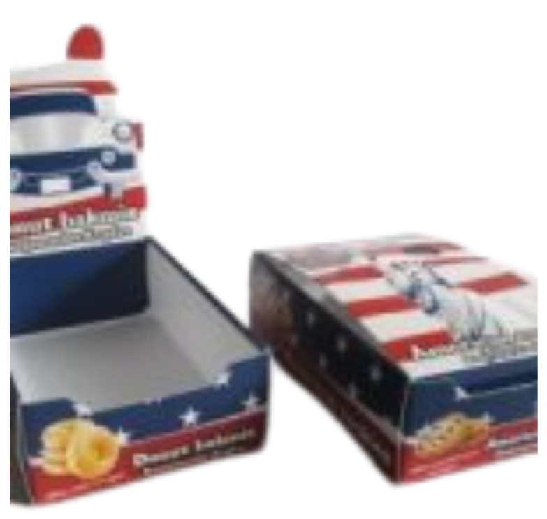 Bedrukte displaydoos met logo in full color met pop-up element voor bakmixen. Amerikaanse vormgeving thema