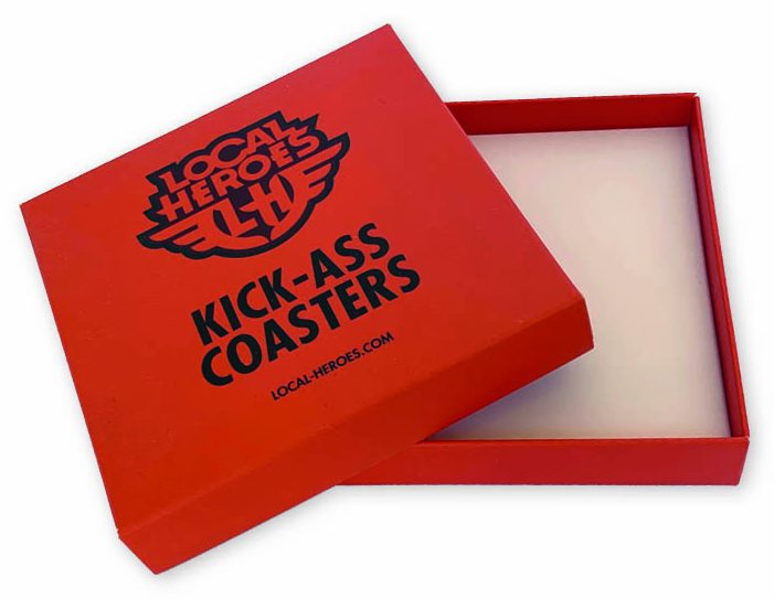 bedrukte doos met los deksel voor relatiegeschenk vierkant in oranje en zwart