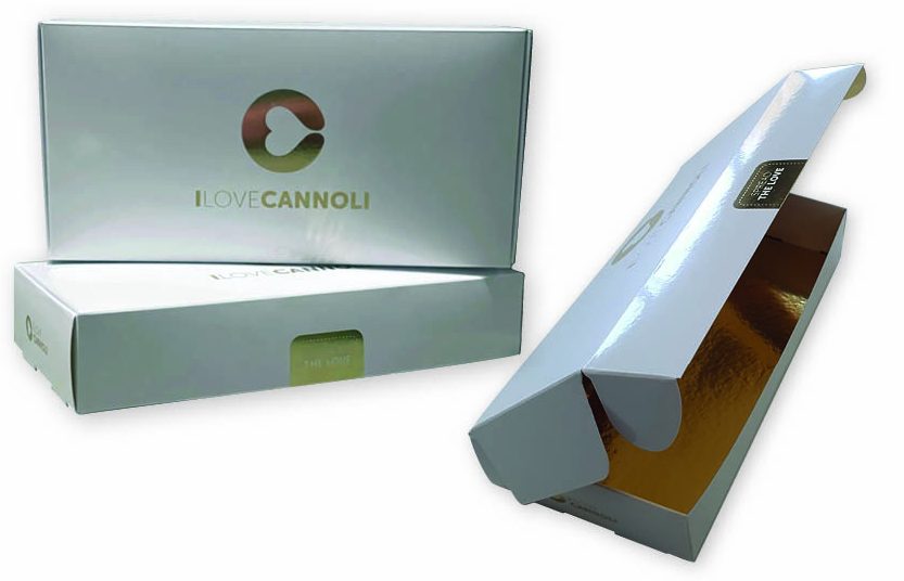 Bedrukte gebaksdoos cannoli met goud folie logo opdruk en goud laminaat binnenzijde