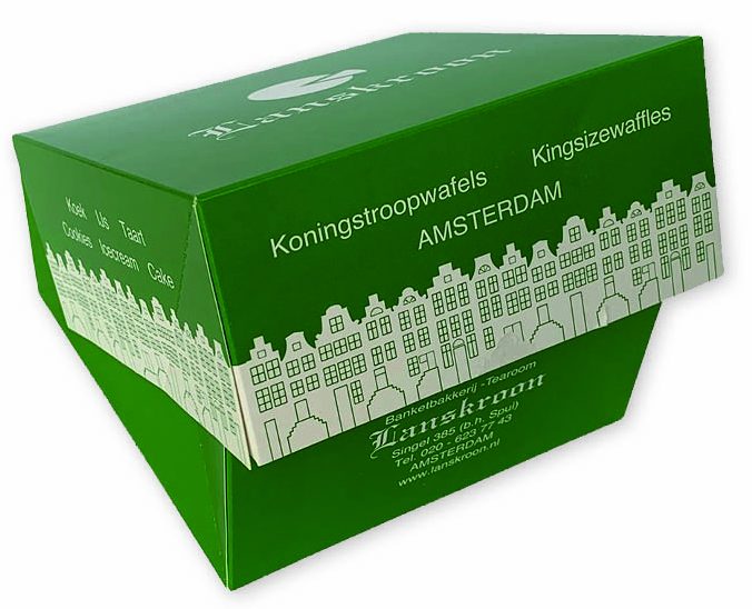 Bedrukte gebaksdoos doos voor stroop wafels bakkerij Lanskroon, voedselveilig in groen en zwart bedrukt met logo