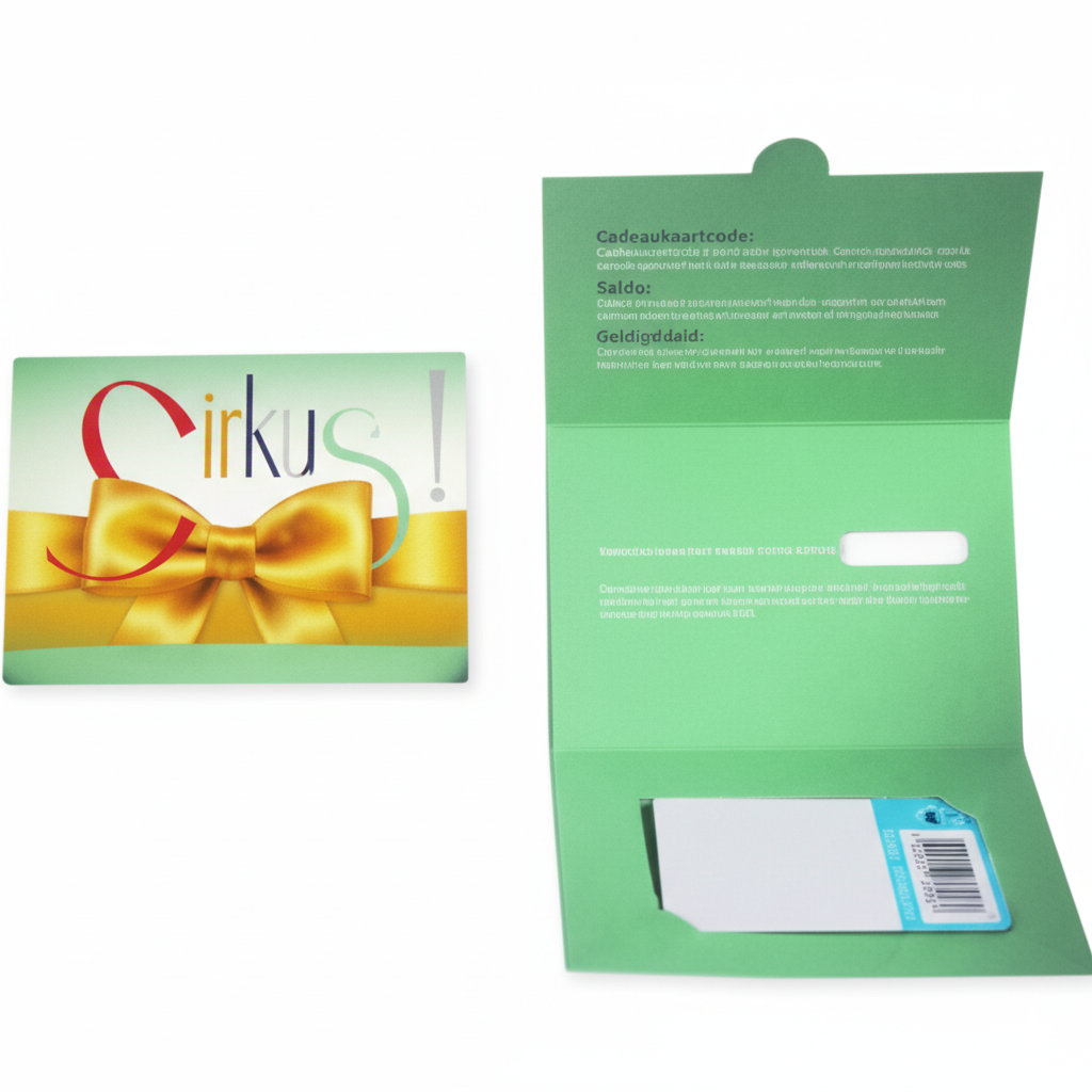 Kartonnen cadeaubonhouder met bedrukking, geopend en gesloten weergegeven.