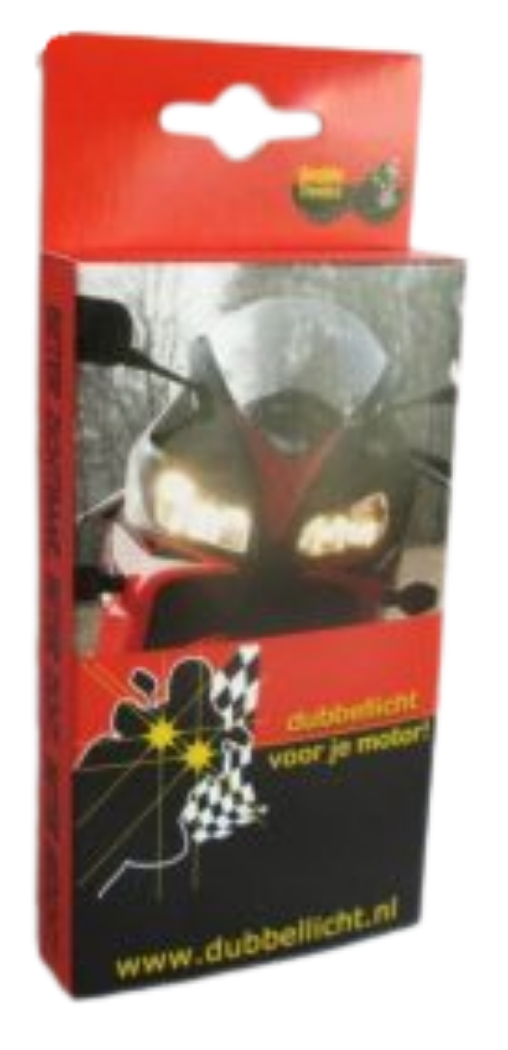 bedrukt hangend doosje in full color met logo voor motorfiets verlichting met eurosleuf