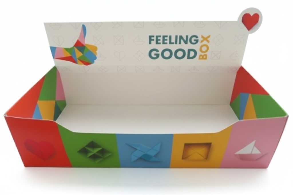 Een kleurrijke, op maat gemaakte bedrukte displaydoos van karton, model toonbank display, met de tekst 