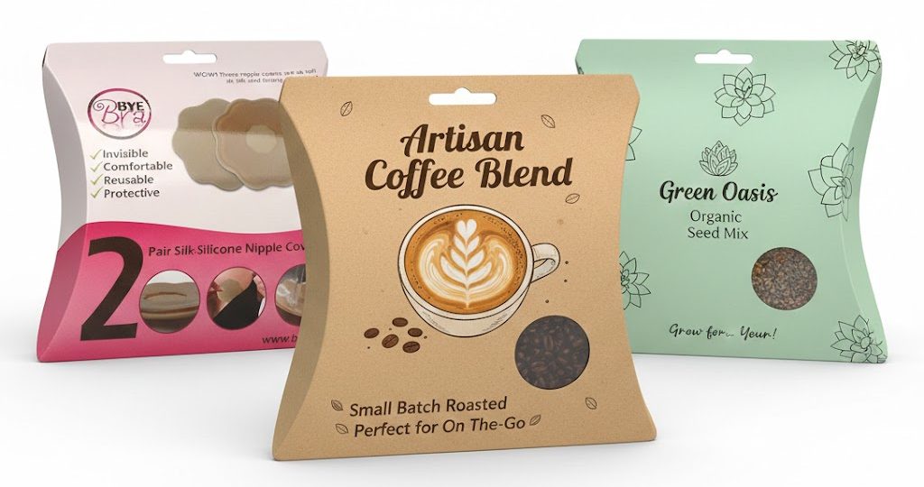 Drie verschillende voorbeelden van bedrukte hangende gondeldoosjes (pillow boxes) met een eurolock, gepresenteerd als professionele productverpakking voor de retail. De selectie toont een wit hoogglanzend gondeldoosje voor Byebra, een natuurlijk bruin kraft karton doosje voor 'Artisan Coffee Blend' met een rond venster, en een mintgroene variant voor 'Green Oasis Organic Seed Mix'. Elk hangend doosje is voorzien van een euroloch sleuf om de zichtbaarheid in winkelrekken te maximaliseren. Deze kussendoosjes illustreren diverse bedrukkingsopties, van full color logo's tot specifieke uitsparingen en vensters, en laten zien hoe een unieke verpakking de professionele uitstraling van een merk versterkt voor producten zoals cosmetica, samples of onderdelen.