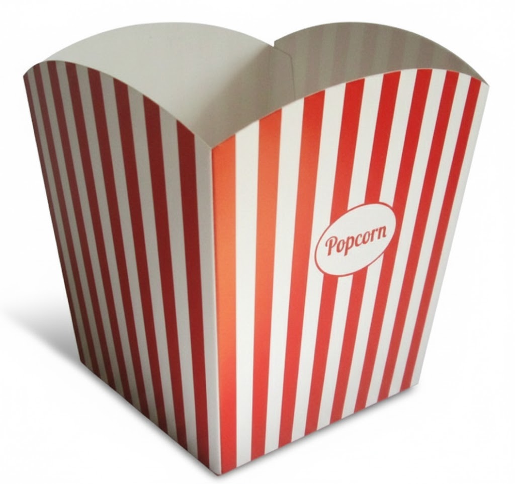 Een vrijstaand, leeg popcornbakje in de klassieke rood-wit gestreepte 'standaard uitvoering', gefotografeerd tegen een witte achtergrond. Het bakje heeft een tijdloze bioscoopuitstraling met brede, verticale rode en witte banen die rondom doorlopen. Centraal op de voorzijde staat een witte ovaal met het woord 'Popcorn' in een rood, sierlijk cursief lettertype. Het bakje is vervaardigd uit stevig, voedselveilig karton met een licht glanzende afwerking en heeft een karakteristieke geschulpte (gegolfde) bovenrand. De zichtbare verticale vouwlijnen op de hoeken bevestigen de praktische constructie; dit bakje is voorzien van een autolock bodem, waardoor het plat geleverd kan worden en bij het uitvouwen direct op zijn plaats valt voor snelle uitgifte. Dit model illustreert het in de tekst genoemde gebruiksgemak en de opvallende uitstraling die essentieel is voor filmavonden, beurzen of sportevenementen.