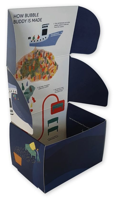Een voorbeeld van een hoogwaardige soap bar verpakking waarbij gebruik is gemaakt van volledige binnenzijde bedrukking. Dit zeepdoosje voor de Bubble Buddy (Sea Shepherd editie) laat zien hoe storytelling en duurzaamheid hand in hand gaan. Het doosje is vervaardigd uit stevig, plasticvrij karton dat uitermate geschikt is voor de cosmetica-industrie. De binnenzijde bevat een gedetailleerde illustratie van het recyclingproces, wat zorgt voor een unieke unboxing-ervaring voor de klant. Dankzij de vochtbestendige eigenschappen van het materiaal blijft de verpakking en de kleurrijke bedrukking intact, zelfs in een badkameromgeving.