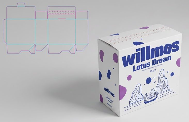 Professionele productpresentatie van een op maat gemaakt autolock doosje voor Willmos koffie, inclusief technische werktekening en 3D-render. De afbeelding toont een wit kartonnen doosje van 172x78x150 mm met een geïntegreerde tearstrip in de bovenklep voor een gemakkelijke opening. De technische template laat de exacte stanslijnen en rillijnen zien voor de autolock bodem, ideaal voor webshops die op zoek zijn naar bedrukte doosjes met snelle bodemsluiting en handige scheurstrip.