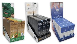 Collectie van drie op maat gemaakte kartonnen baliedisplays met full-color bedrukking voor de retailsector, waaronder een trapdisplay voor Ecodenta tandpasta en een luxe toonbankdisplay voor Staudt handcrème. Deze displaydozen zijn door Drukkerij Van der Louw in Berkel en Rodenrijs geproduceerd vanaf 5 stuks voor optimale productpresentatie bij de kassa.