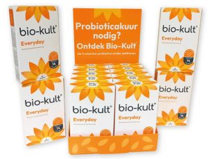 Oranje bedrukte baliedisplay voor Bio-Kult Everyday probiotica kuren, voorzien van een duidelijke topkaart met marketingboodschap en een interieur dat 12 verpakkingen overzichtelijk presenteert. Een voorbeeld van een compacte toonbankdisplay voor de farmaceutische sector en gezondheidswinkels, geproduceerd in Berkel en Rodenrijs.