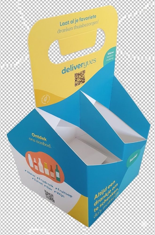 Een op maat gemaakte kartonnen draagverpakking van Deliveryves voor vier flessen, uitgevoerd in levendig blauw en geel. De verpakking is voorzien van een handvat met de tekst: 'Laat al je favoriete dranken thuisbezorgen!'. Op de voorkant staat 'Ontdek ons aanbod' met iconen voor water, frisdrank, fruitsap, zuivel, bier en wijn, plus twee QR-codes. Op de zijkant staat 'Altijd een drankje om te schenken, da's makkelijk.', met een klein 'Santé!' logo. De verpakking is leeg en klaar voor gebruik, ideaal voor lokale drankenbezorging in Berkel en Rodenrijs.